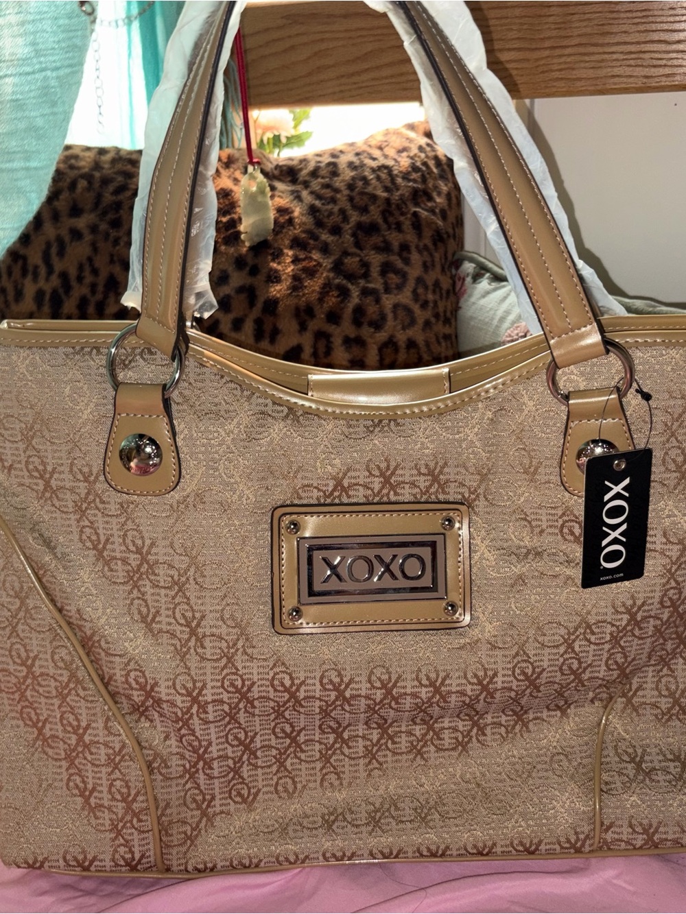 XOXO Metallic Beige Tote with Logo Plaque
